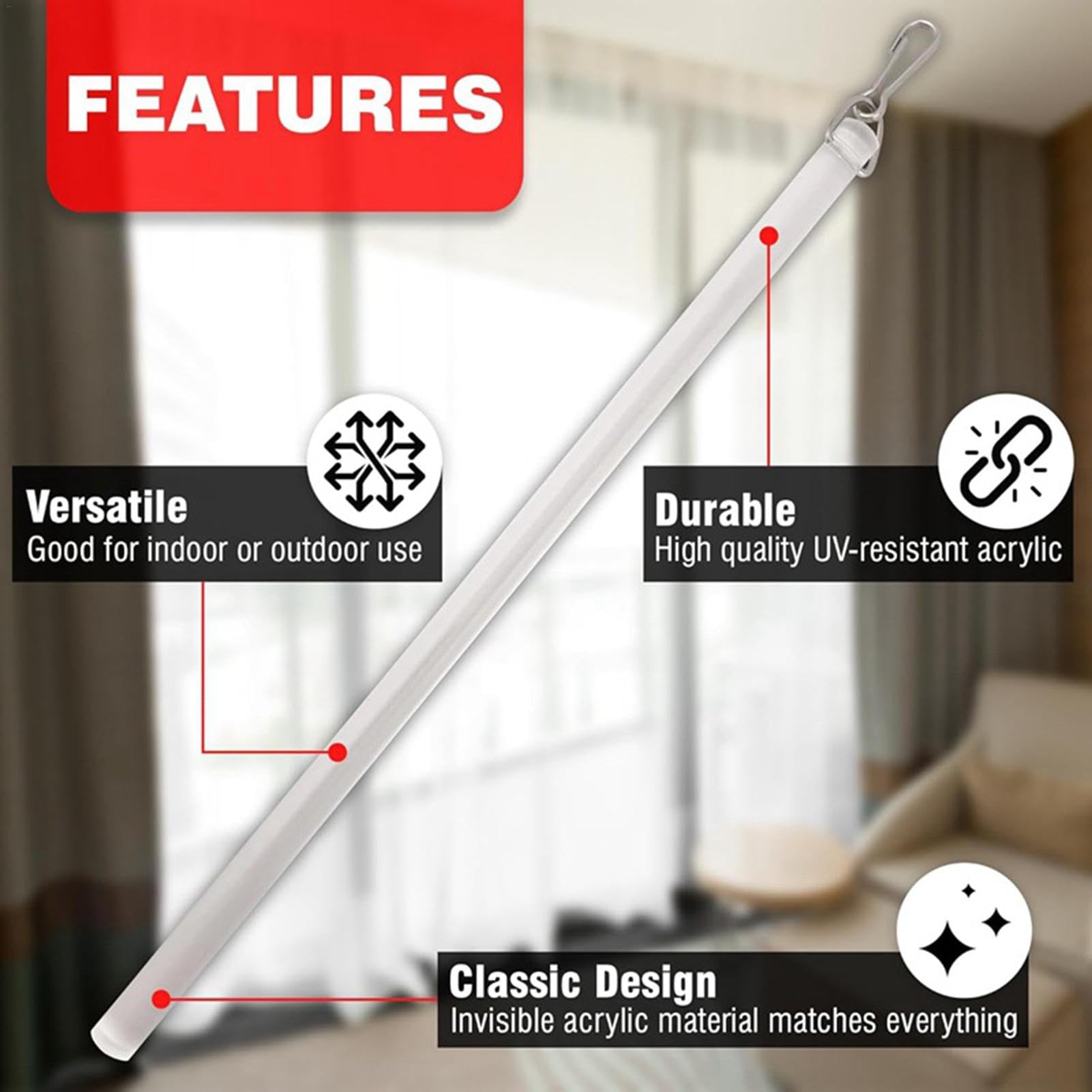 Extractor para cortinas con barra de cortina transparente - Varita de empuje invisible multifuncional para una fácil apertura de la cortina - Cortinas reutilizables