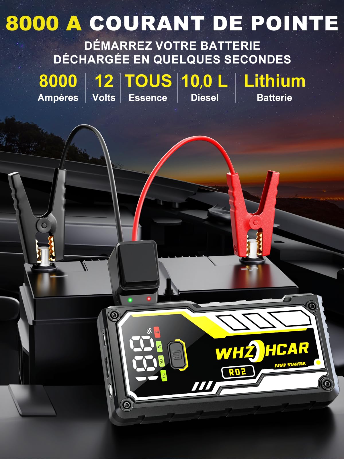 Booster Batterie Voiture 8000A Démarreur Batterie Portable（Jusqu'à Tous GAS/10L Diesel） Jump Starter 12V avec Pinces de Sûreté Intelligentes,LED，Grand Ecran d'affiche