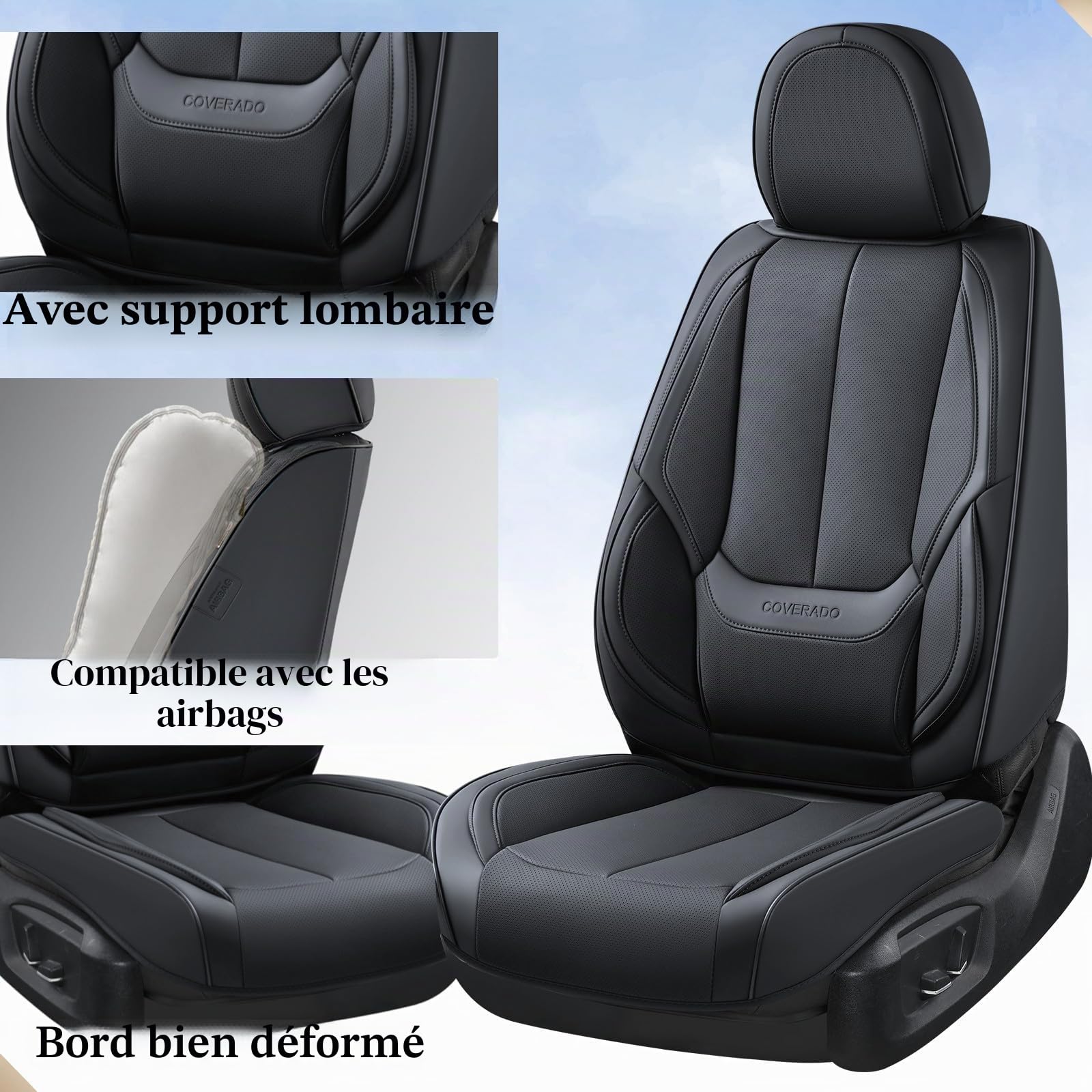 Coverado Housses de siège, Protecteurs de siège Auto en Cuir Nappa imperméables, Ajustement Universel pour la Plupart des camionnettes SUV berlines, Avant 2 pièces - Plein Noir