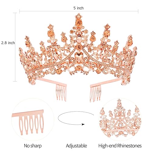 Miniatura 7 de Velscrun Corona de tiara de reina de cristal de oro rosa para mujeres y niñas, diadema de reina de cumpleaños, elegante corona de princesa con