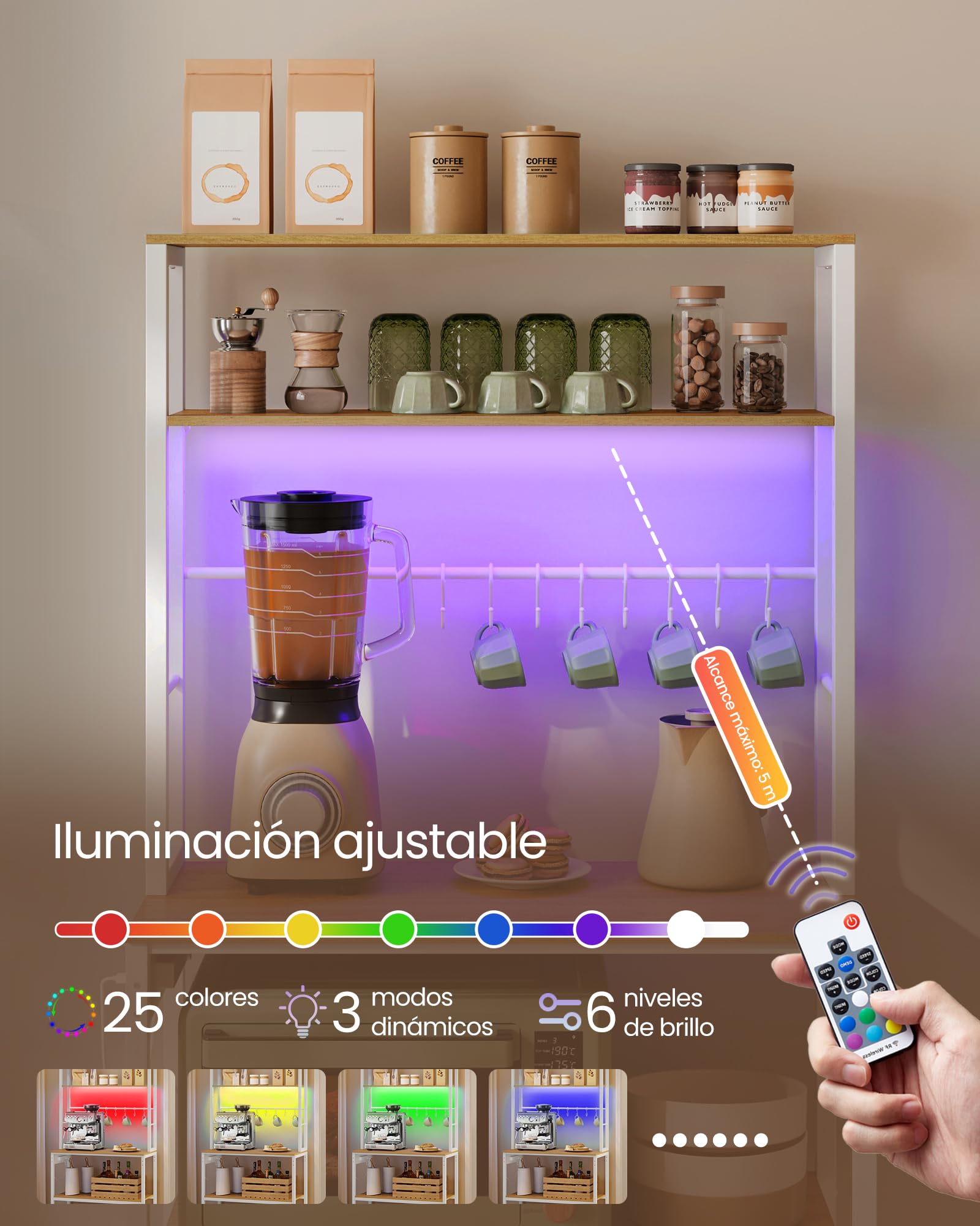 VASAGLE Estantería de Cocina con LED, para Microondas con Regleta, Estantes Ajustables, 8 Ganchos, 40 x 80 x 168,4 cm, Roble Dorado y Blanco Mate KKS050YA01