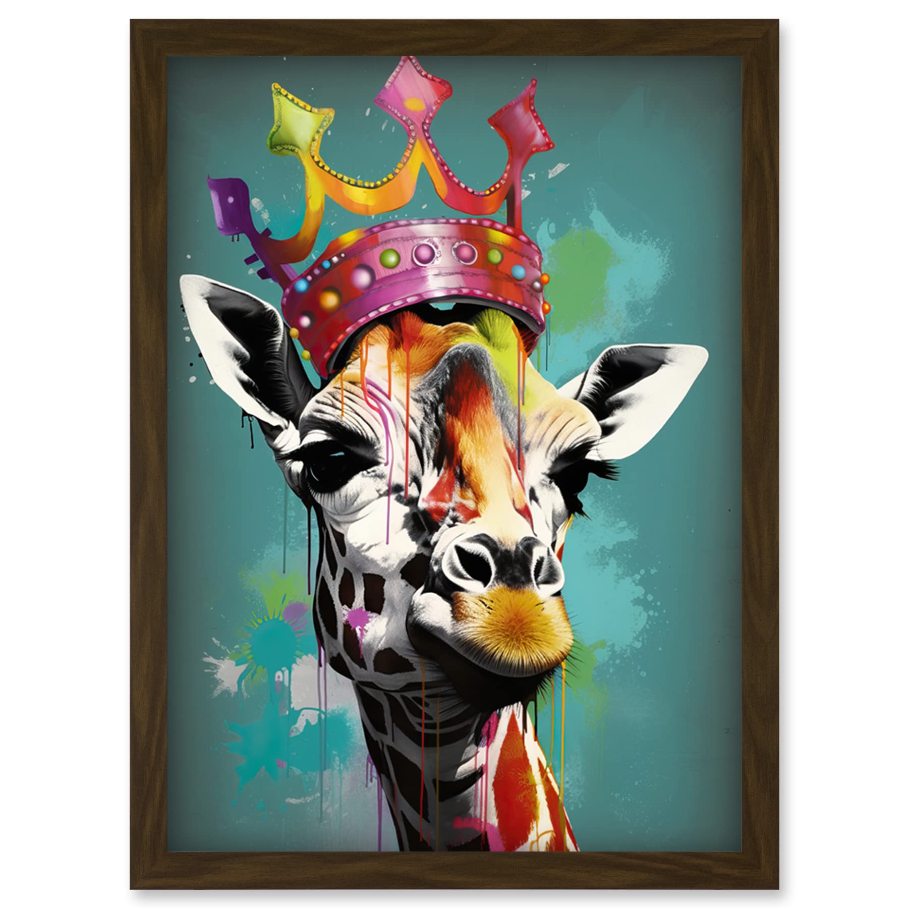 Artery8 Giraffe Wearing Rainbow Crown King Queen Pop Art Artwork Framed Wall Art Print A4