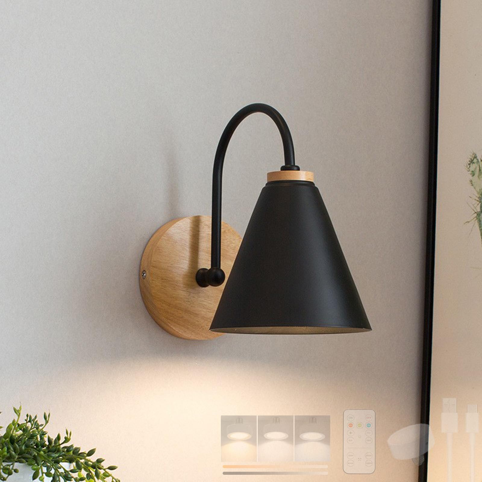Iluminación de USB recargable para pared sin cables con aplique de madera negra vintage 8