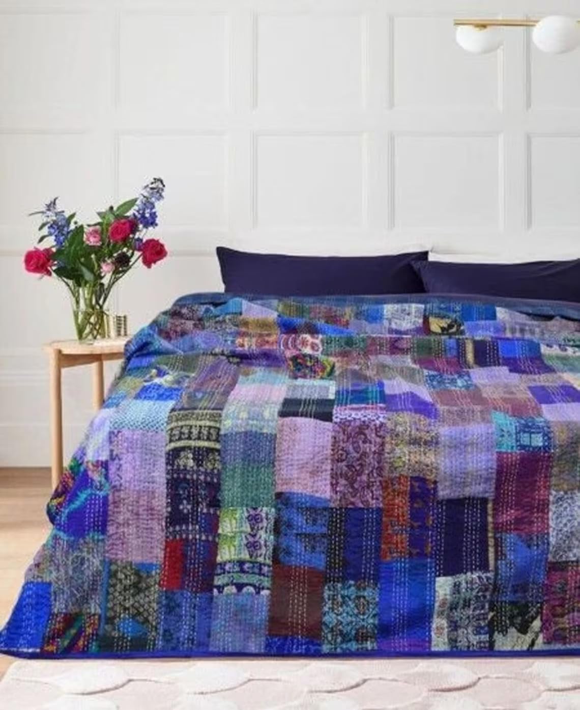 Purple Indian Handmade Silk Sari Patola Queen Size Patchwork Silk Kantha Quilt 90x108 Inch Bedcover Silk Patola Quilt Throw Blanket (Multicolor Patchwork) Twin/King./Queen (60X90 inch)