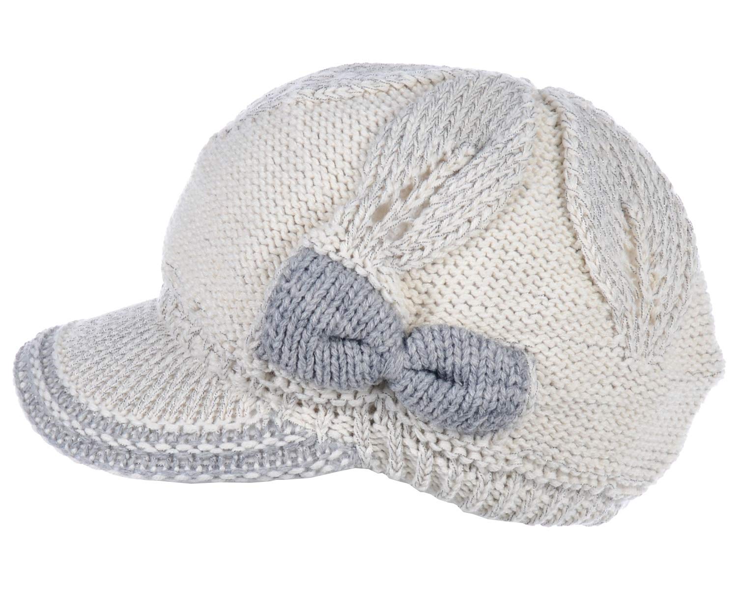 an Womens Winter Visor Cap Beanie Hat Wool Blend Lined Crochet Decoration (One Size, Ivory Bow)