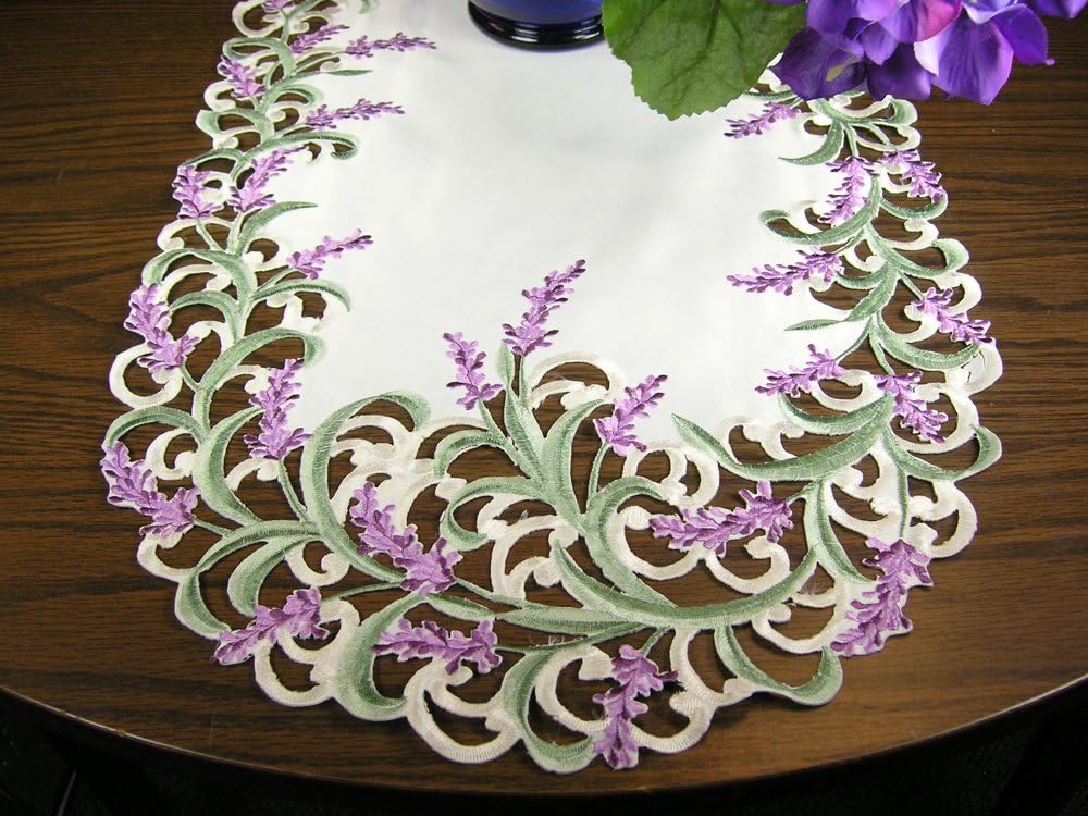 BANBERRY DESIGNS Embroidered Table Runner with Lavender Lilac Flowers on Cream, Approx. 14 by 34 Inch, Machine Washable