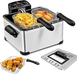 Deep Fryers with Triple Baskets -Simoe 1700W Electric Fryer for Countertop, 5.3QT/21 Cup, Home Fryer with Lid, Adjustable Temperature Timer & View Window, Fryers for kitchen, Stainless Steel