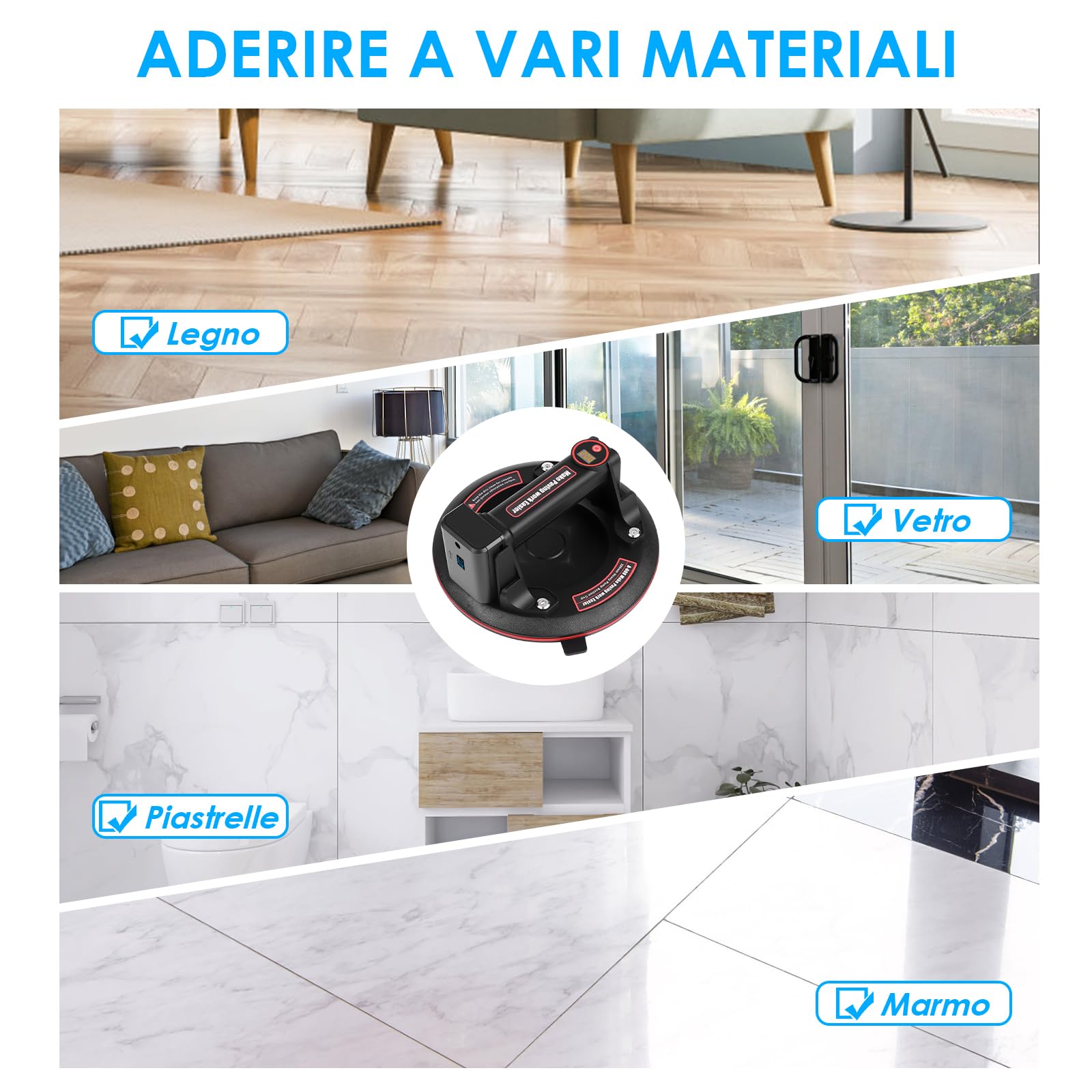 Ventosa per Piastrelle con 3000mAh Batteria, 8" Ventose Capacità Elettrico di Carico Max. 200 kg, Ricaricabile, Ventosa con Scatola di Trasporto per Vetro, Piastrelle, Marmo