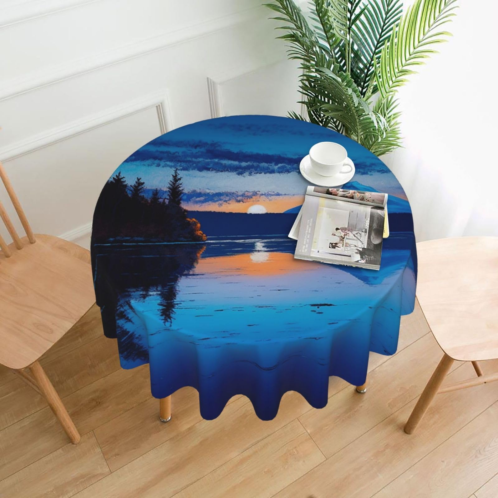 Fodpand Black Blue Sunset Tablecloths For Round Tables 60 Inches - Reusable And Washable Kitchen Table Clothes Decorative Table Cover For Dining Tables, Buffet Parties, Wrinkle Resistant