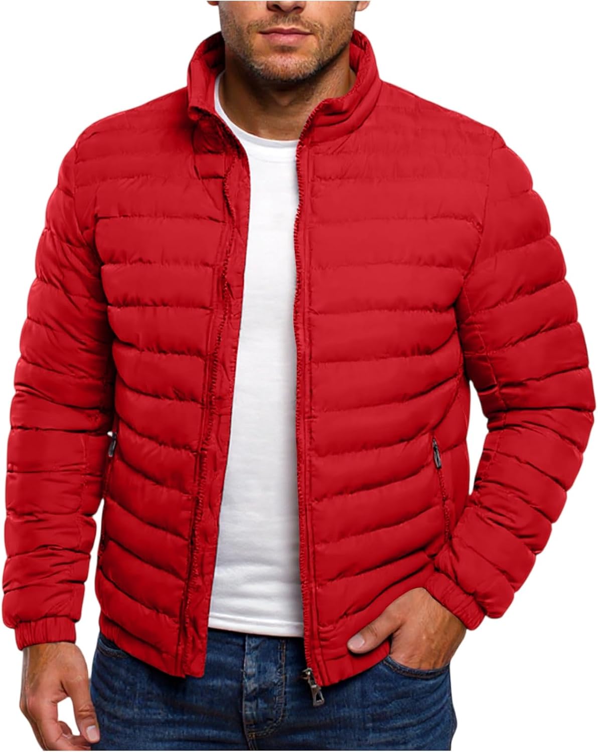 Ymosrh Men's Casual Puffer Jackets Lightweight Stand Collar Insulated Quilted Down Coats for Outdoor Hiking, M-3XL