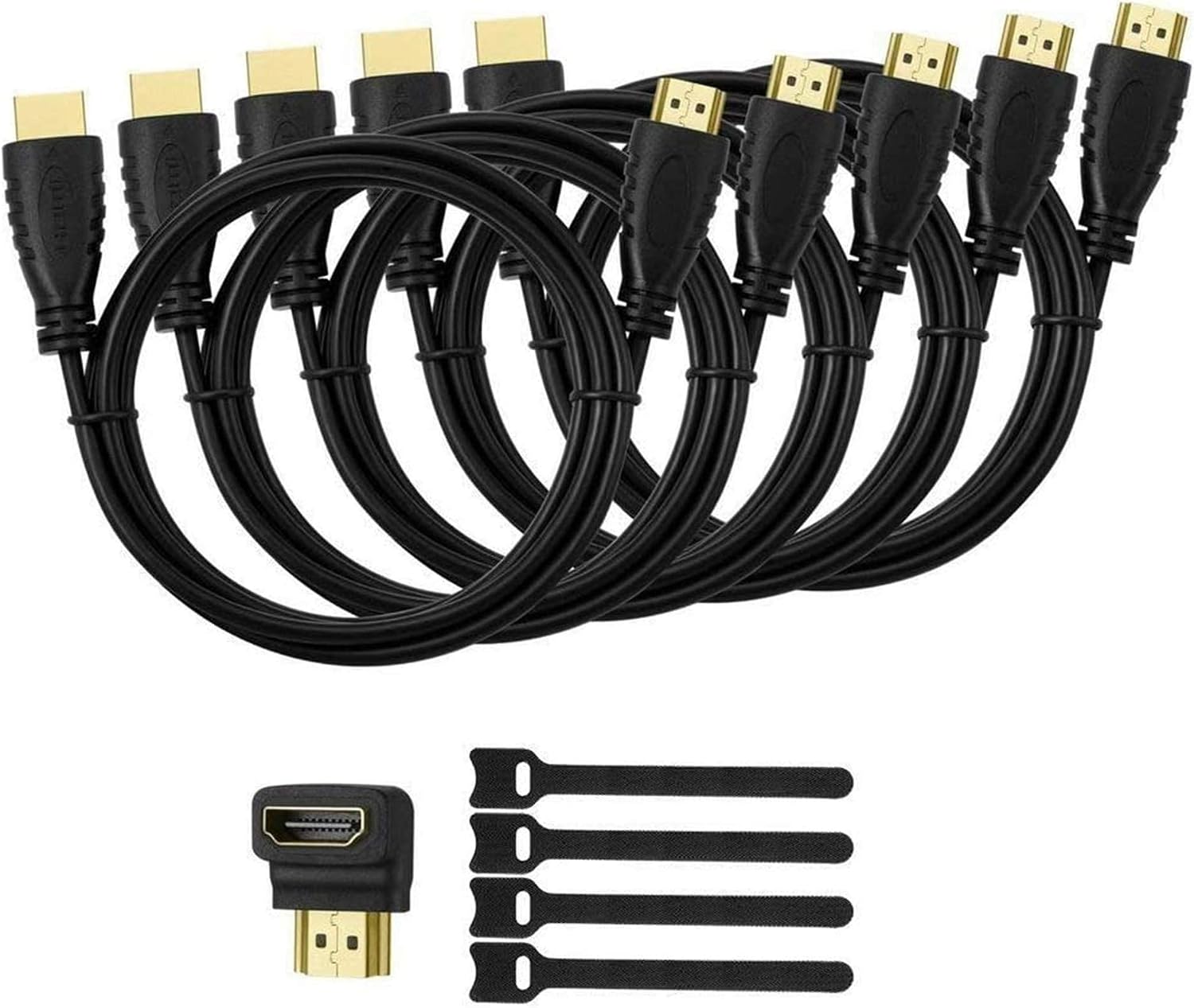 5 Pack High-Speed HDMI Cables-6ft with 90 Degree Adapter, Gold Plated Connectors, Cord Ties for TV PC Playstaion Support Ethernet, 3D, 1080P, ARC, Black