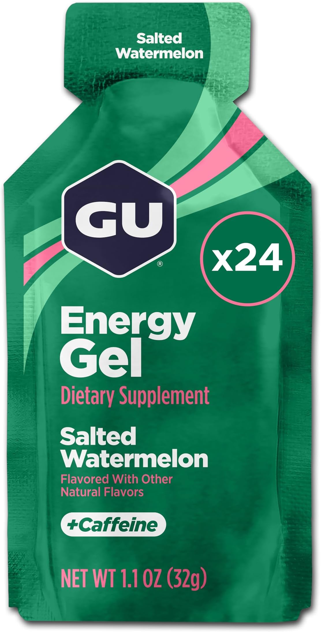 GU Original Energy Gels, Salted Watermelon 24 Pack - 100 Calorie Energy Gel with Carbohydrates, Caffeine, BCAAs and Electrolytes - Pre-Workout Fuel for Running, Cycling, Triathlon and Endurance Sports