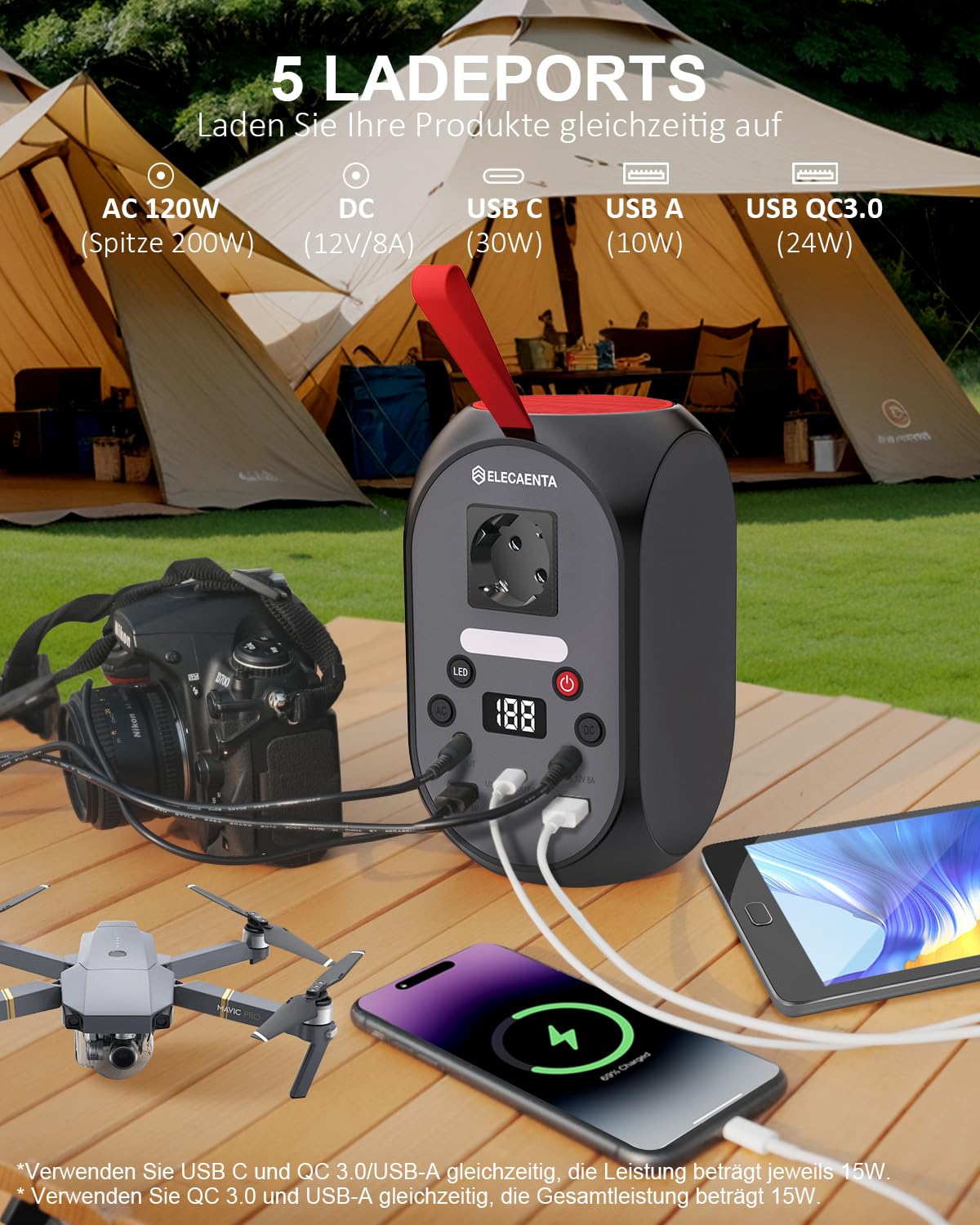 ELECAENTA Tragbare Powerstation 99Wh LiFePO4-Akku 120W Solar Generatoren mit PD 30W/AC/DC Ausgabe Back-up-Akku für Reise Outdoor Camping und Notfälle