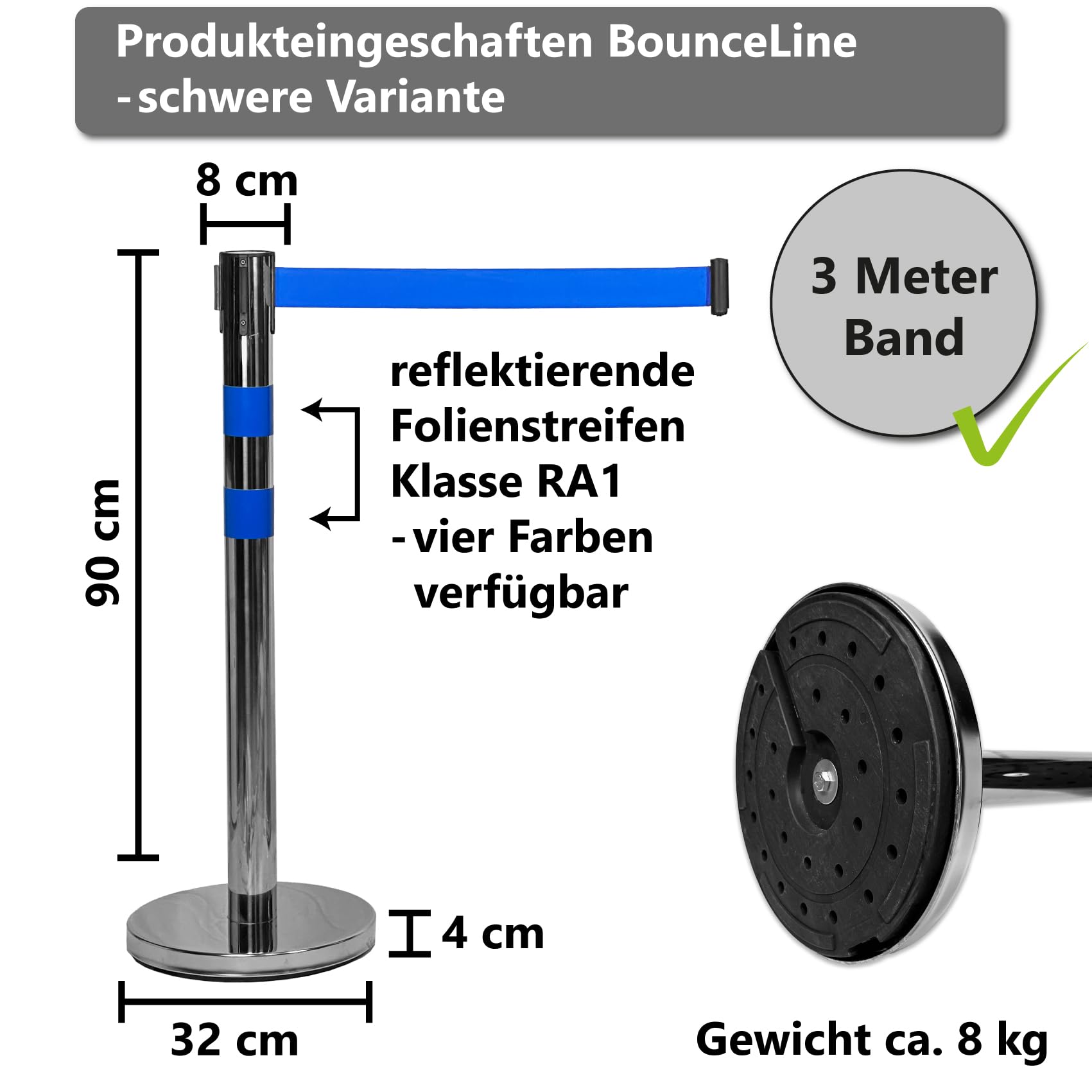 UvV BounceLine Personenleitsystem, Absperrpfosten, Edelstahl, 2 Pfosten 90 cm Hoch je 3 m Gewebeband (Stahl 8 kg (Heavy), gelb/schwarz)