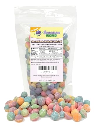 Hard Candy Drops Rainbow Sherbet Candy - Small Batch, Gluten-Free Sanded Hard Candy, Vegan 8 Ounce