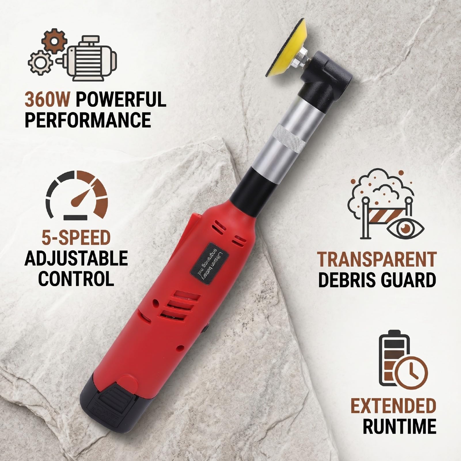 Bewinner Amoladora Angular Inalámbrica, Lijadora Pulidora Eléctrica de 360 ​​W, 5 Velocidades, 12000 RPM, con Protector Transparente, Batería de Iones de Litio de 2500 MAh para Cortar, Grabar y