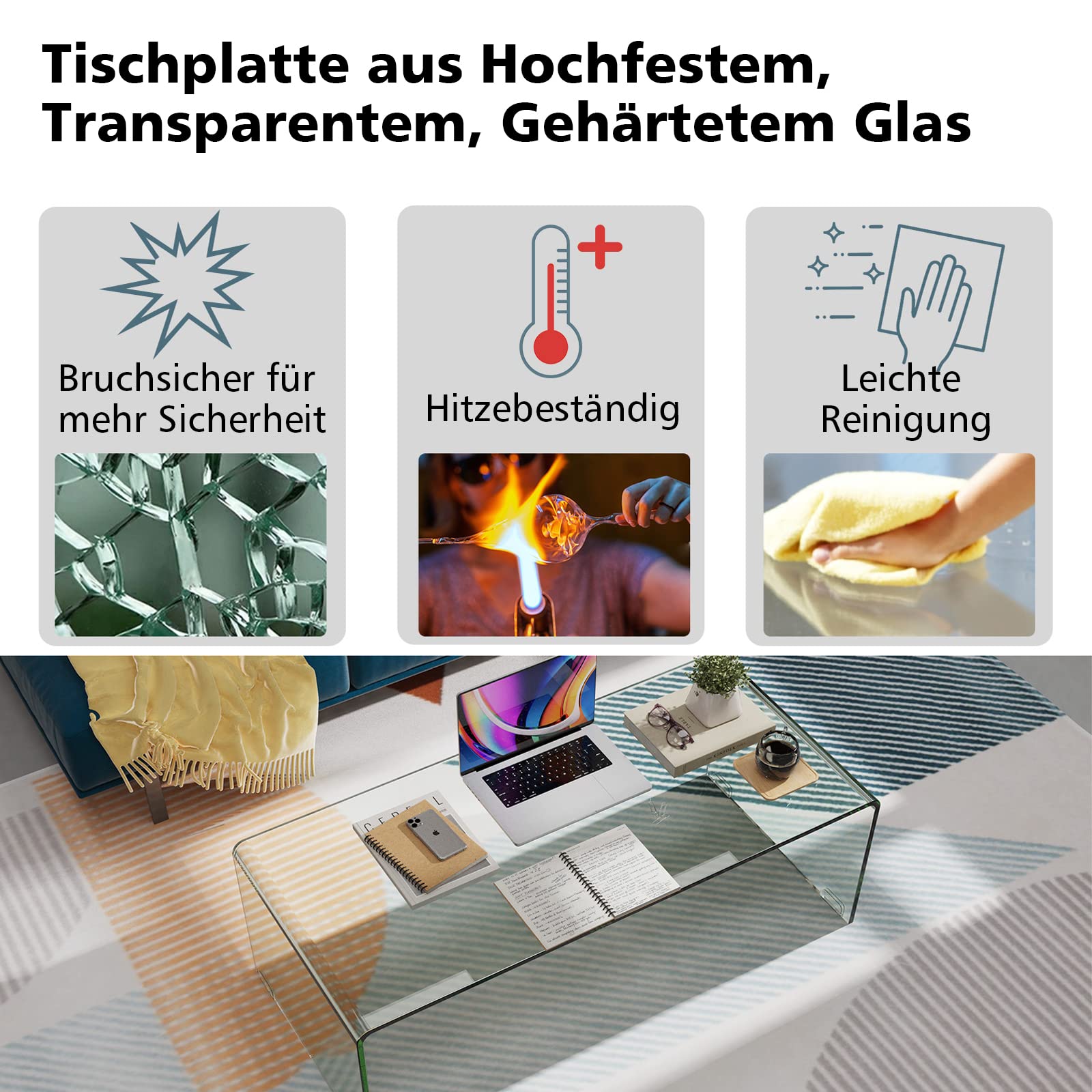 COSTWAY Couchtisch aus gehärtetem Glas, U-förmiger Beistelltisch, Moderner Glastisch, Wohnzimmertisch Kaffeetisch, für Wohnzimmer Büro Hotel, 136kg Belastbar,108 x 50 x 35 cm