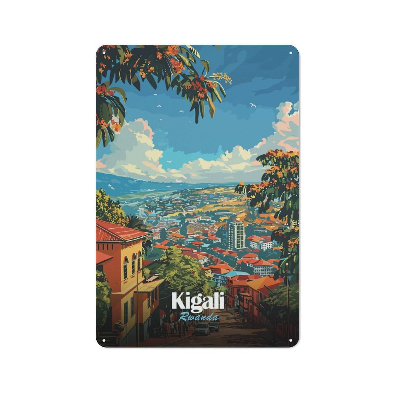 Decorative Tin Plaque with Kigali, Rwanda Cityscape Illustration Design 30x20cm, Decorative Novelty Wall Art for Bedroom, Kitchen, Office Or Living Room