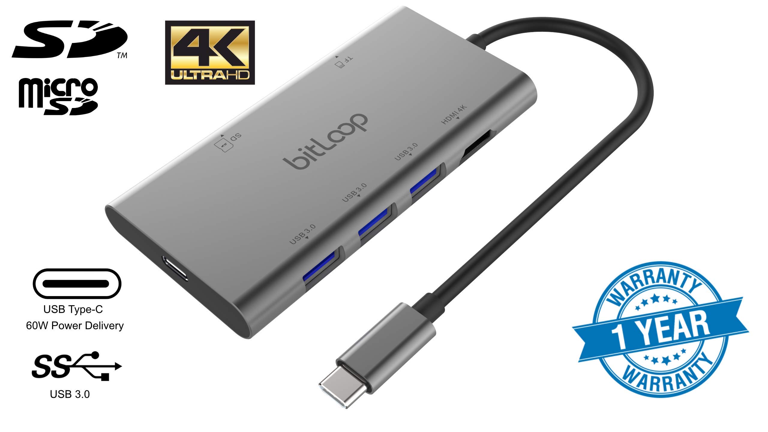 BitLoop HubPro7 Multi-Port Type C Hub, HDMI 4k, USB 3.0 x 3, SD Card Reader, Power Delivery 60W (Space Gray)