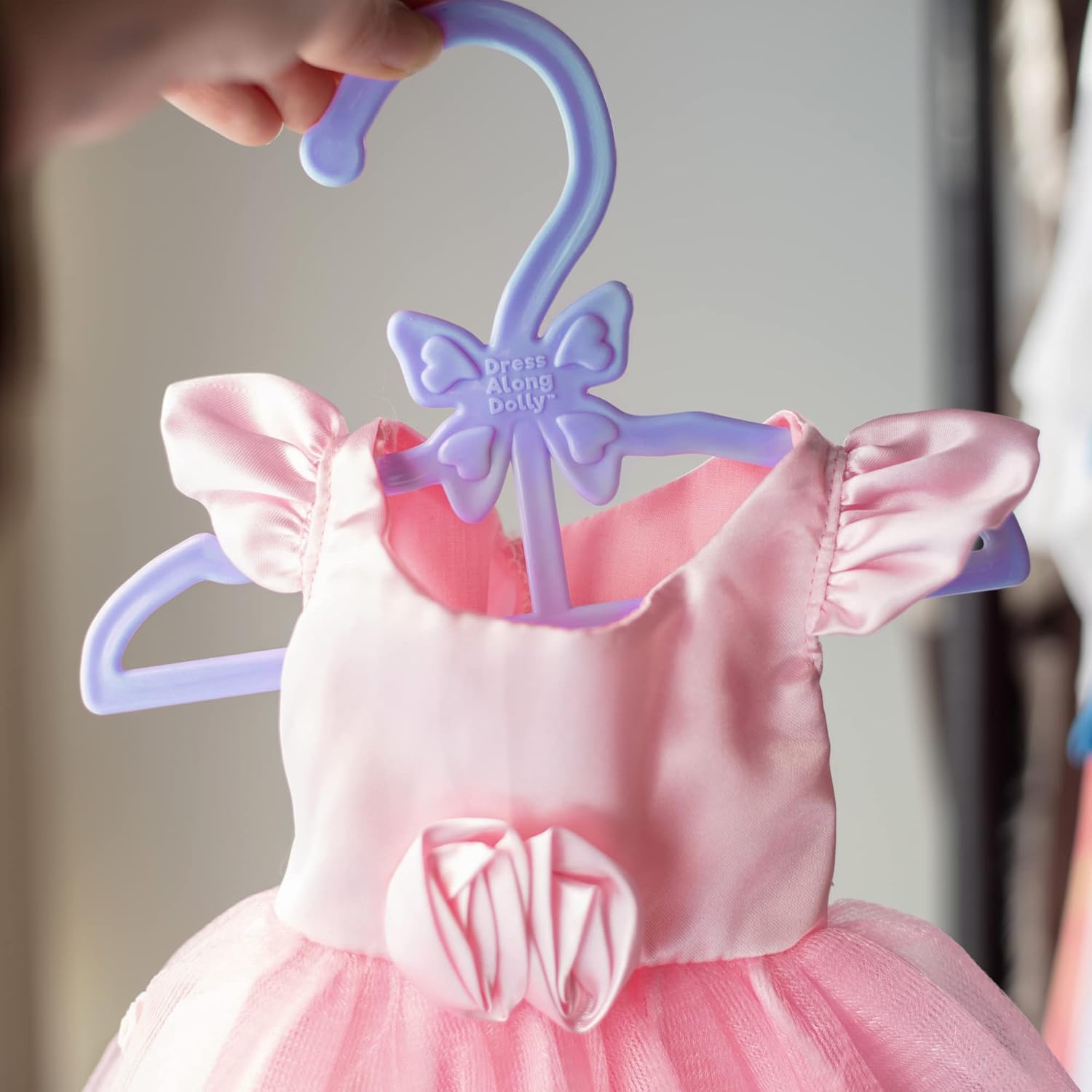 Dress Along Dolly Doll Full-Outfit Clothes Hangers for 18" Dolls - 12pk - Compatible w American Girl- Unique Design Holds Your Top & Bottom at Once Including Dresses, Pants, Shirts, Skirts- Purple