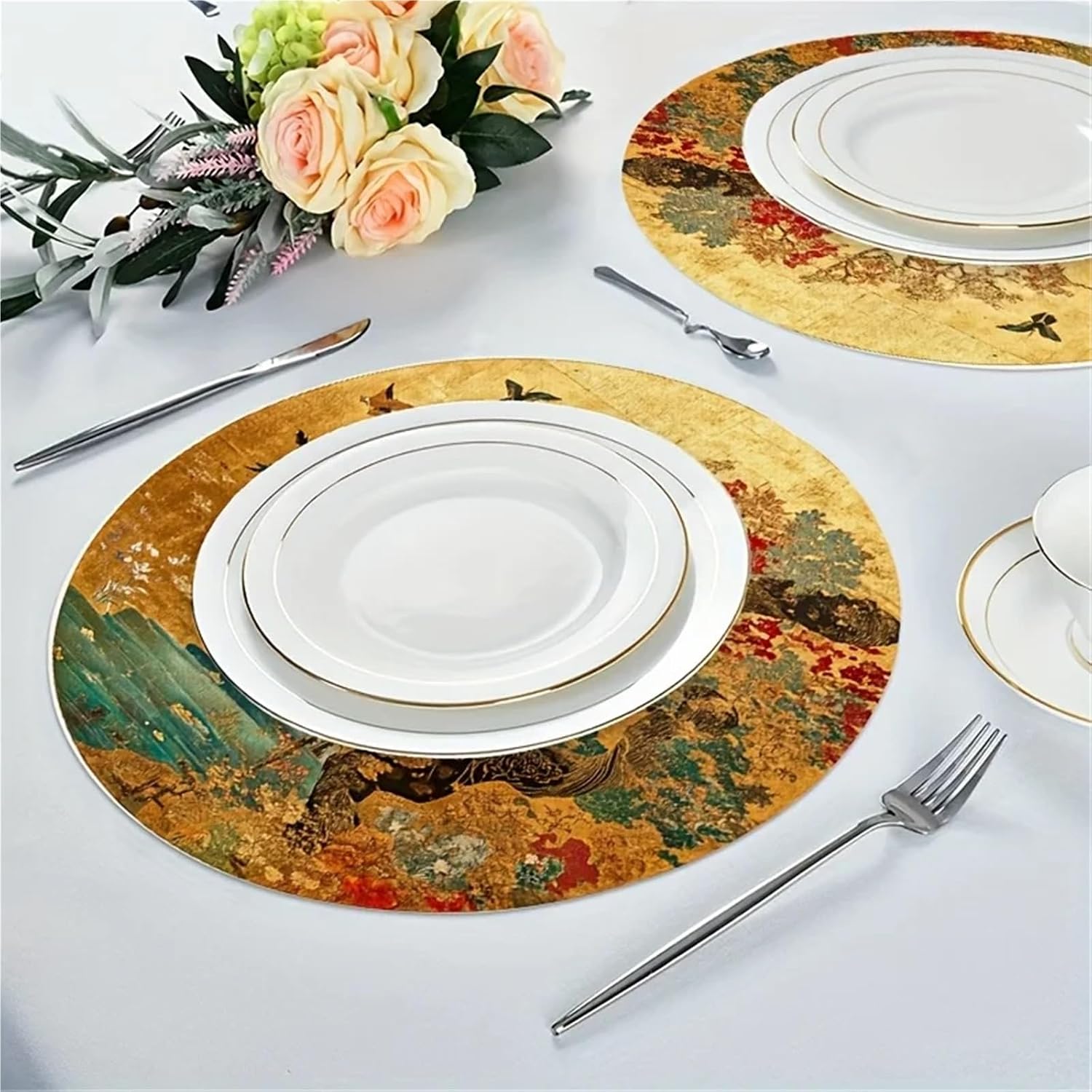 4PC Oriental Floral and Bird Luxury Gold-Backed Placemats Chinese Banquet Table Decorative Accessories