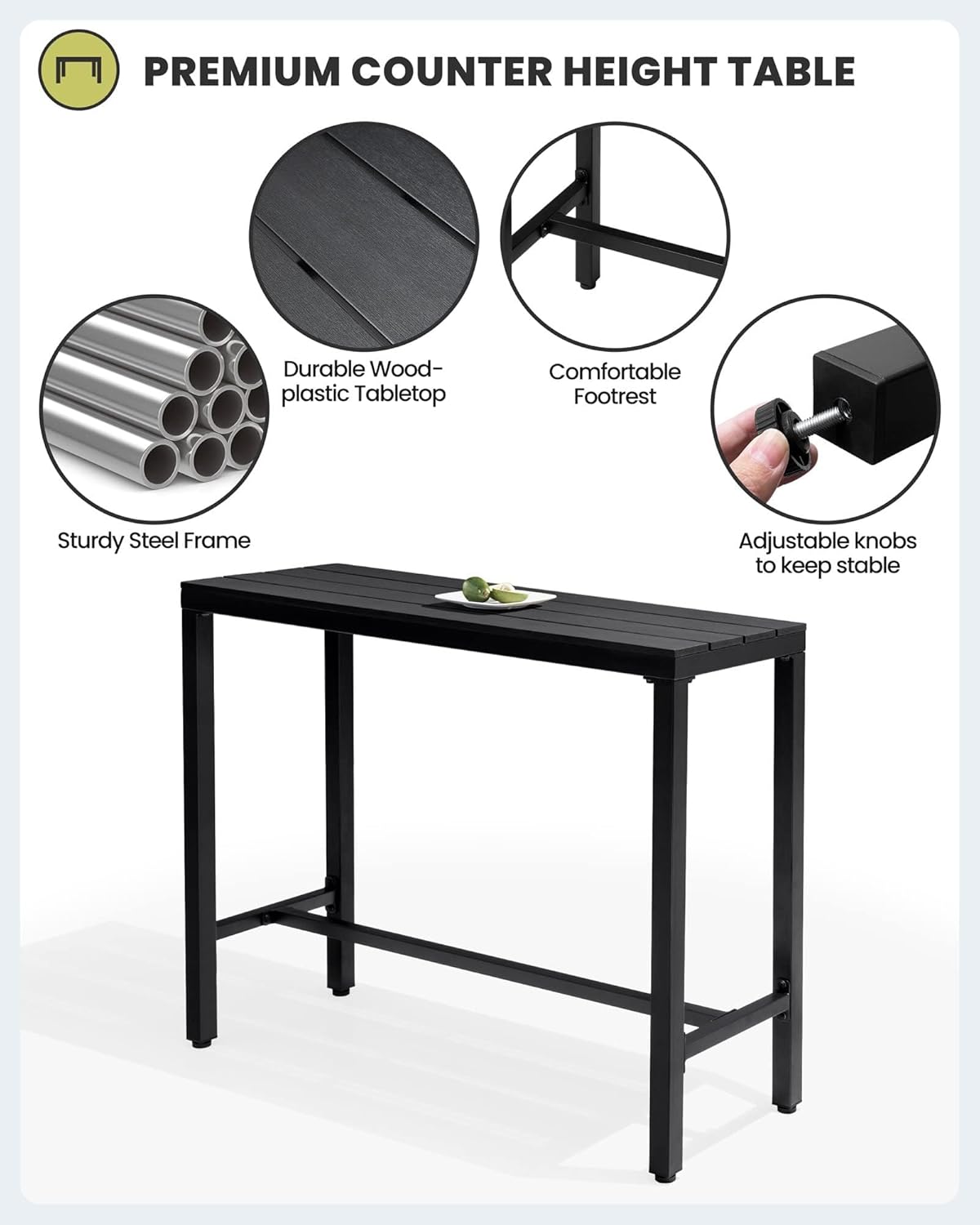 Crestlive Products Outdoor Bar Table and Chairs Set, 3 Piece Outside Patio Bar Set with 43" Long Bar Table and 2 Bar Stools for Balcony, Bistro, Garden, Backyard(Black Desktop and Light Gray Cushion)