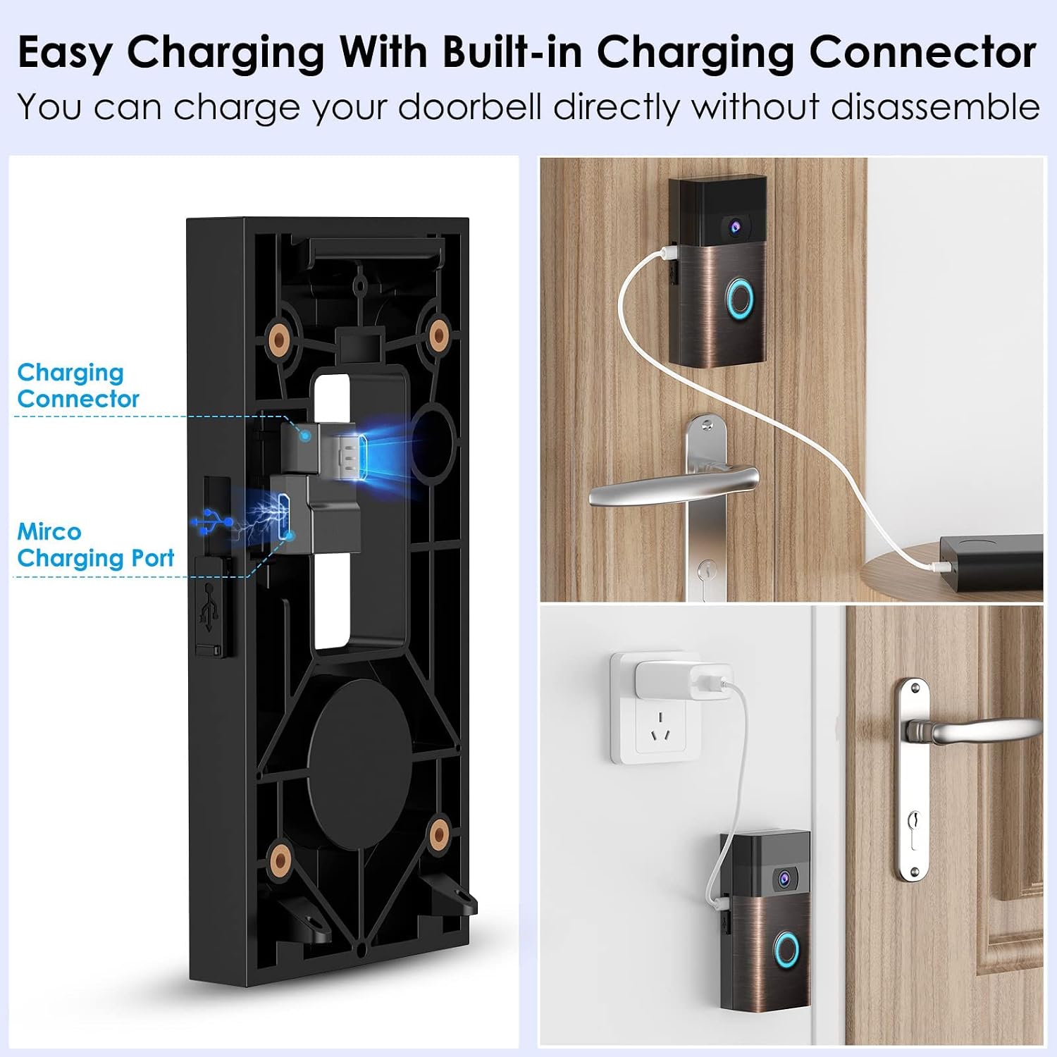 LOCKA No-Drill Easy Charging Mount for Video Doorbell (2020 Release), With Charging Port Mounting Bracket Doorbell Holder Accessories Kits for Houses Apartments Office Door