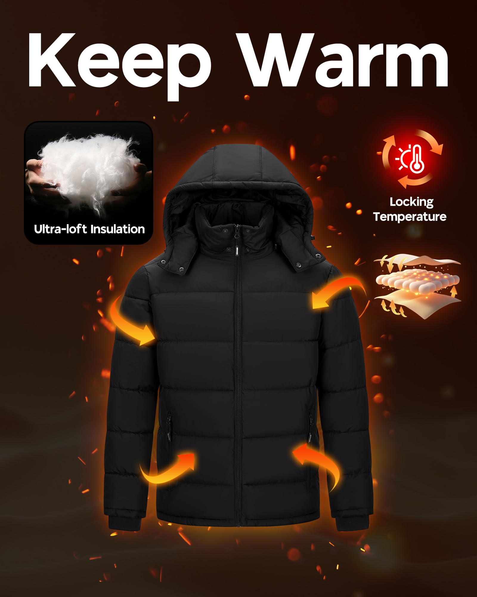Outdoor Ventures Herren Leichte Steppjacke Wasserdichte Übergangsjacke Winddichte Warme Winterjacke Männer Daunenjacken Winterparka mit Gefüttert Abnehmbare Kapuze Stehkragen