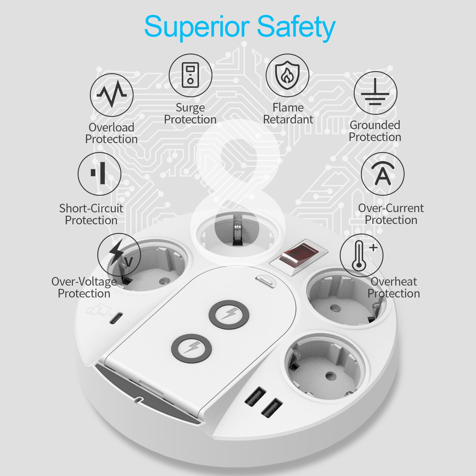 Ciabatta elettrica con USB, multipresa con porte USB C/A, 4 prese e caricatore wireless da 15 W, PD 20 W, protezione da sovratensione con interruttore per ufficio, casa