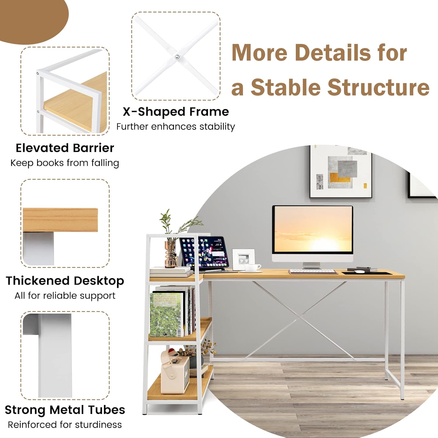 Tangkula Reversible L-Shaped Computer Desk, Space Saving Corner Desk with 3-Tier Storage Shelves & Metal Frame, Modern Executive Home Office Desk, PC Laptop Desk Workstation for Small Space (Natural)