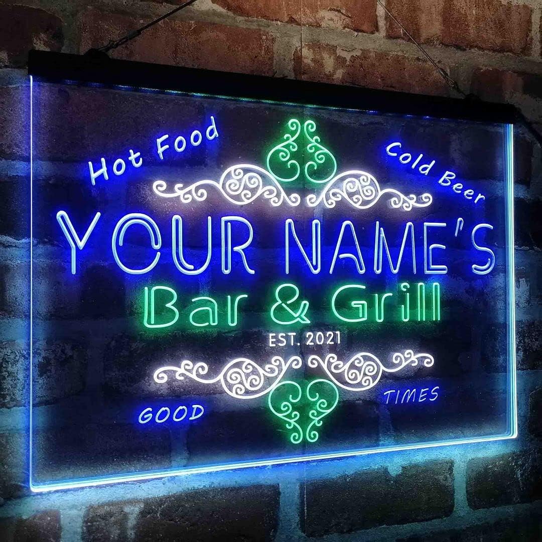 Personalized Bar & Grill Beer Tri-Color LED Neon Light Sign Customize Name Date Text Quote Font White & Green & Blue 17.7 x 13.6 Inches st9s43-u2-tm-wgb
