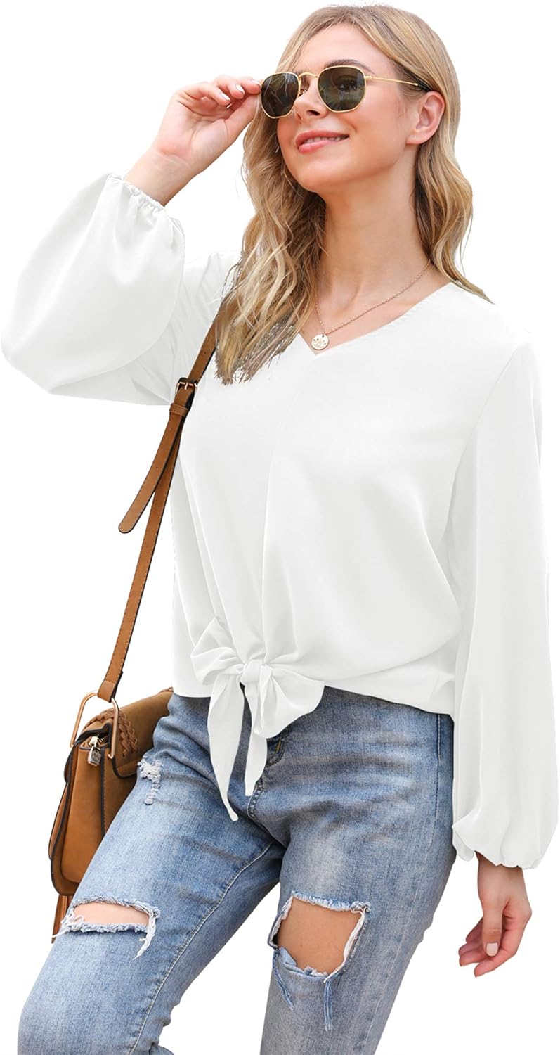 VIISHOW Womens Tie Front Knot Lartern Sleeve Loose Fit V Neck Floral Blouses Chiffon Tops Shirts - Image 2