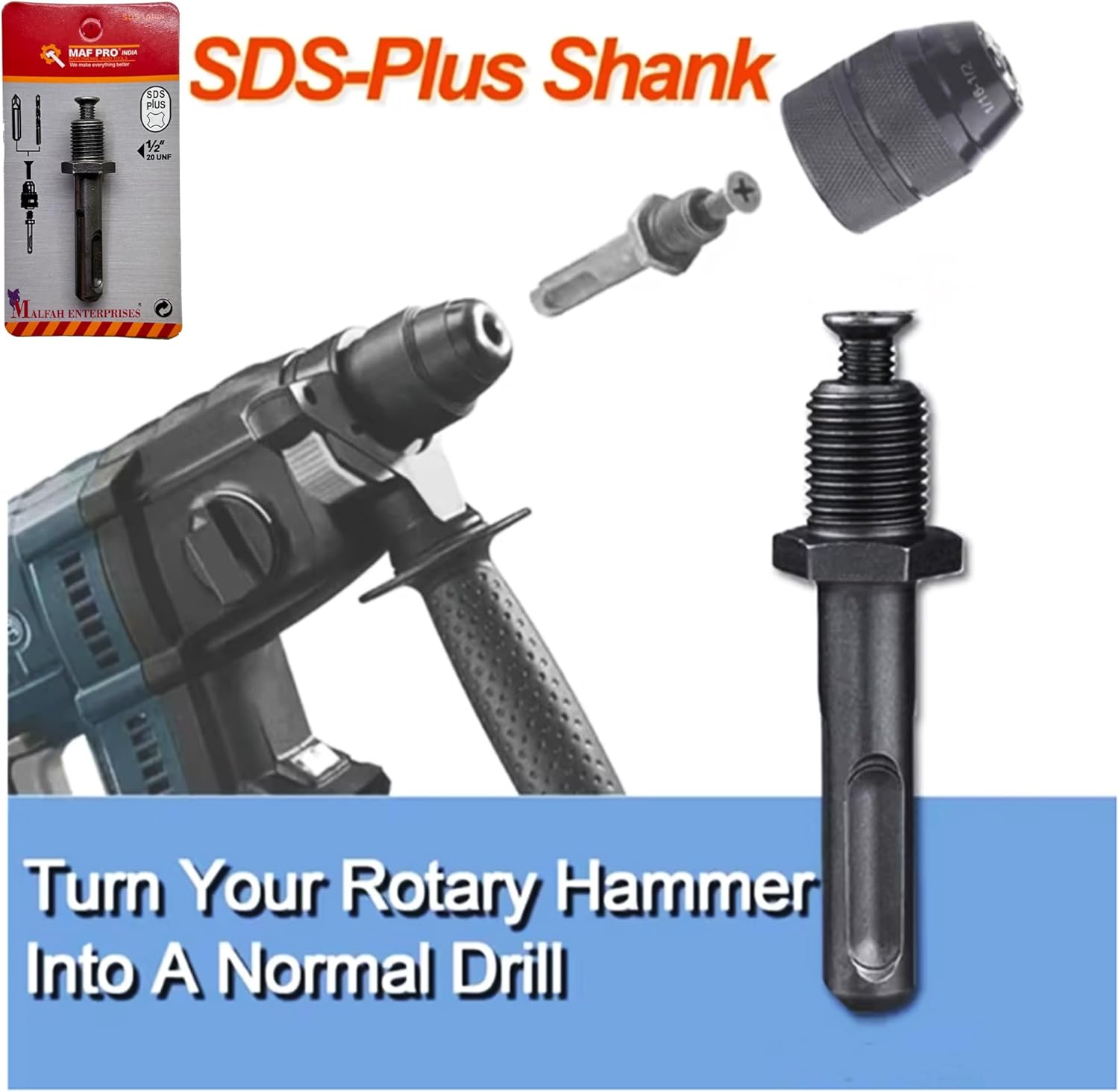 Malfah SDS Max Adapter 1/2" Plus Drill Chuck Drill Adapter SDS-Plus Converter Rod Quick Change Tool for All SDS Max Drill Bits 13mm MAF 20 UNF 20 ADAPTOR CHUCKLESS