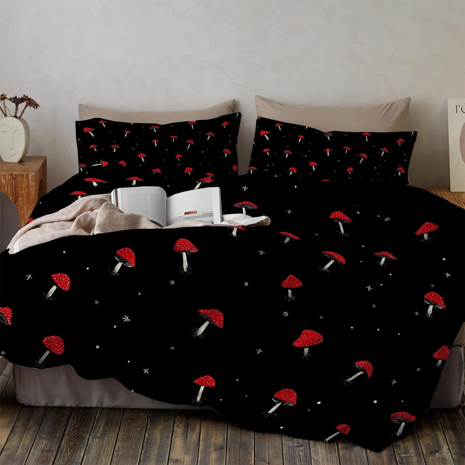 Parure de lit 200x200 motif champignons pour décorer une chambre d'enfant naturelle
