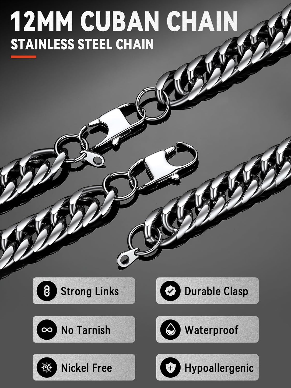 FaithHeart Miami Cuban Link Chain for Men, Silver/Black/14K Gold Plated Stainless Steel Cuban Link Chain Necklaces, 3.5/6/9/12mm Mens Necklace Hip Hop Jewelry 18"-30" Length - Image 3