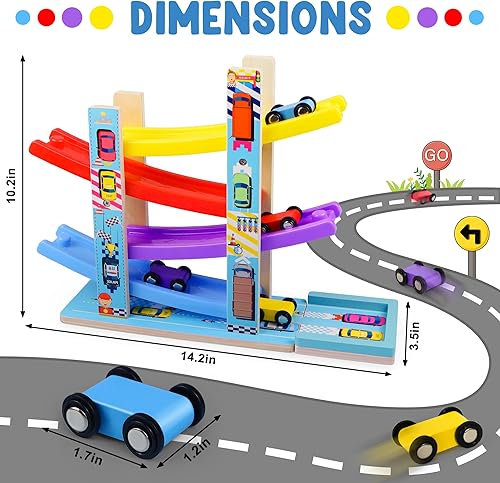 Miniatura 6 de Juguetes Montessori para niños pequeños, juguete de pista de carreras para niños con 4 autos y 1 estacionamiento de madera, base estable, juguete de