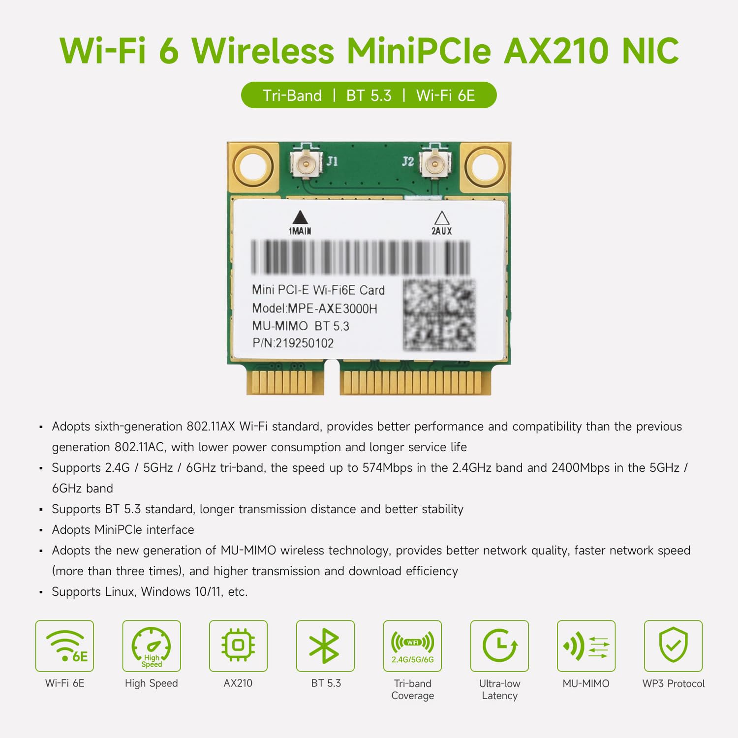 Waveshare Wireless MINIPCIE AX210 NIC, Compatible with Linux, Windows 10/11, Gigabit Tri-Band Wi-Fi 6E, 802.11AX Standard, Bluetooth 5.3