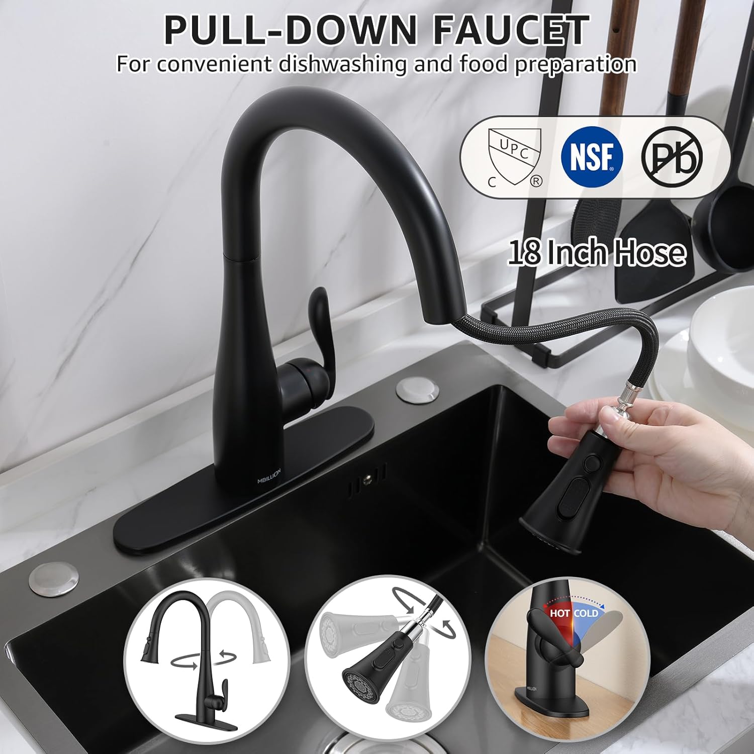 Mbillion Matte Black Kitchen Sink Faucet with Pull-Down Sprayer – 1 or 3 Hole Stainless Steel, Anti-Splash Head – Modern Design for Farmhouse, RV, Laundry Room