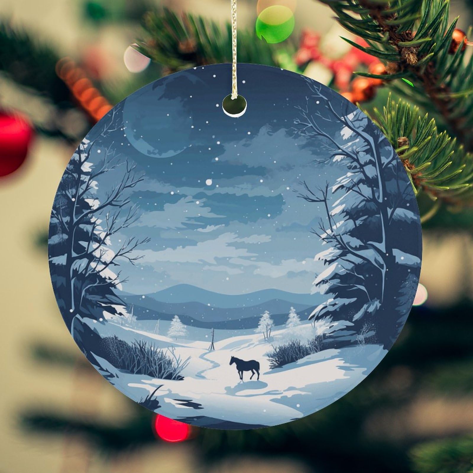 A Horse and Snow Christmas Ornament for Christmas Tree Ceramic Round Ornament Winter Holiday Keepsake Gift 2.7" Christmas Tree Hanging Decorations Circle Ceramic Pendant Xmas Gift
