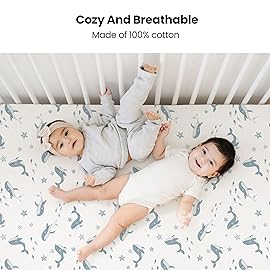 Konssy Muslin Crib Sheets 2 PCS, 100% Cotton Baby Crib Sheets for Standard Crib Mattress (28x 52), Soft and Breathable for Boys, Girls (Blue Whale,Blue)