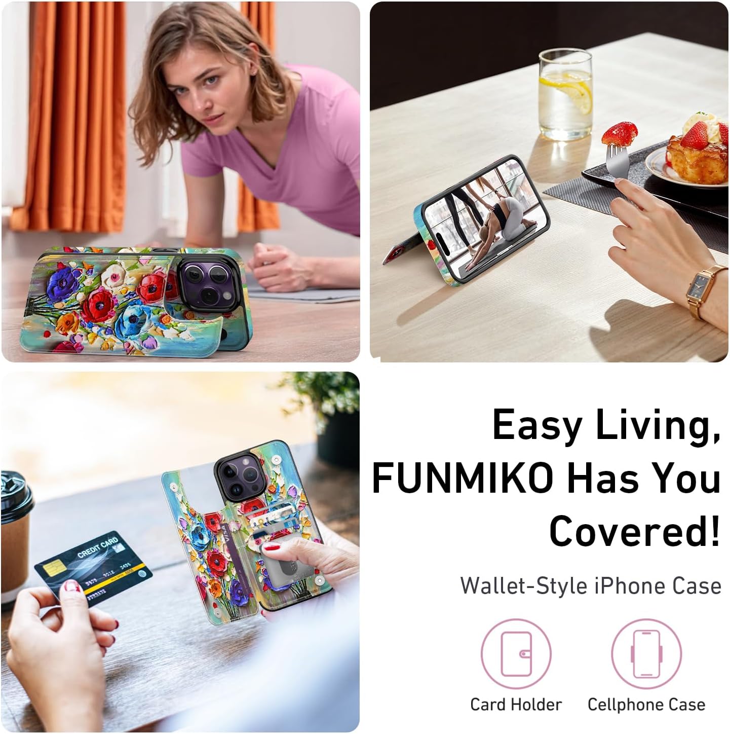 FUNMIKO for iPhone 15 Pro Max Wallet Case with Card Holder, RFID-Blocking, Military-Grade Drop Protection & Floral Animal Design, Magnetic Closure with Leather Kickstand - Abstract Flowers - Image 6