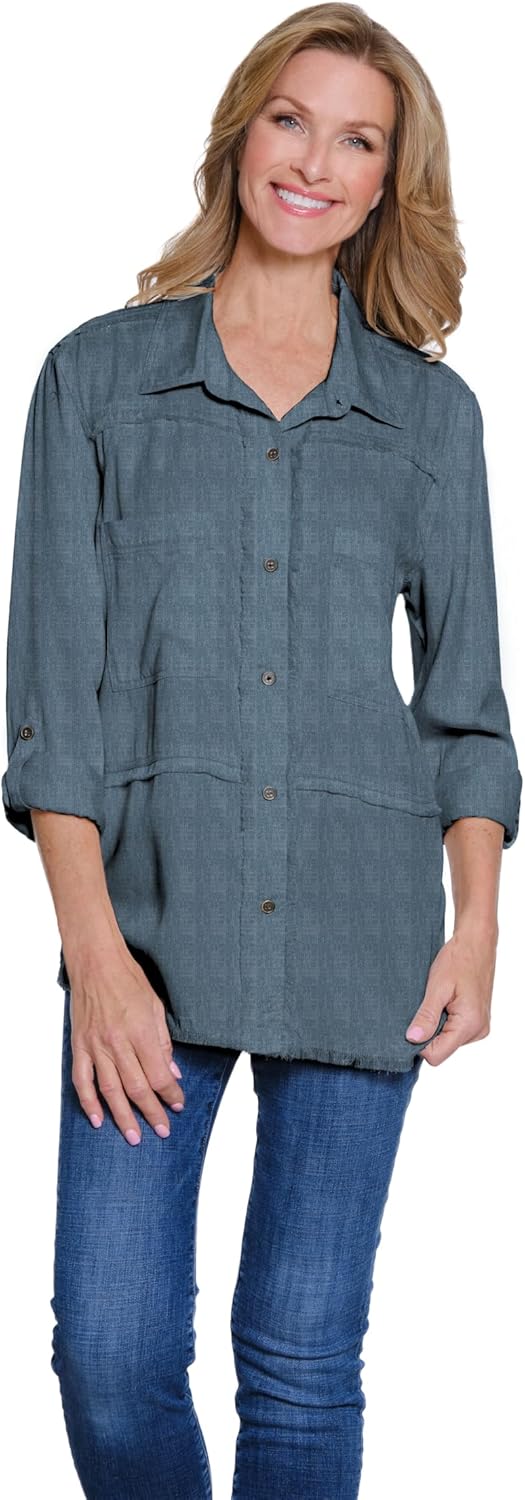 MULTIPLES Womens Clothing | Roll Tab Long Sleeve 2-Pocket Button Front Fringed Shirt | Dressy & Casual Clothing for Women