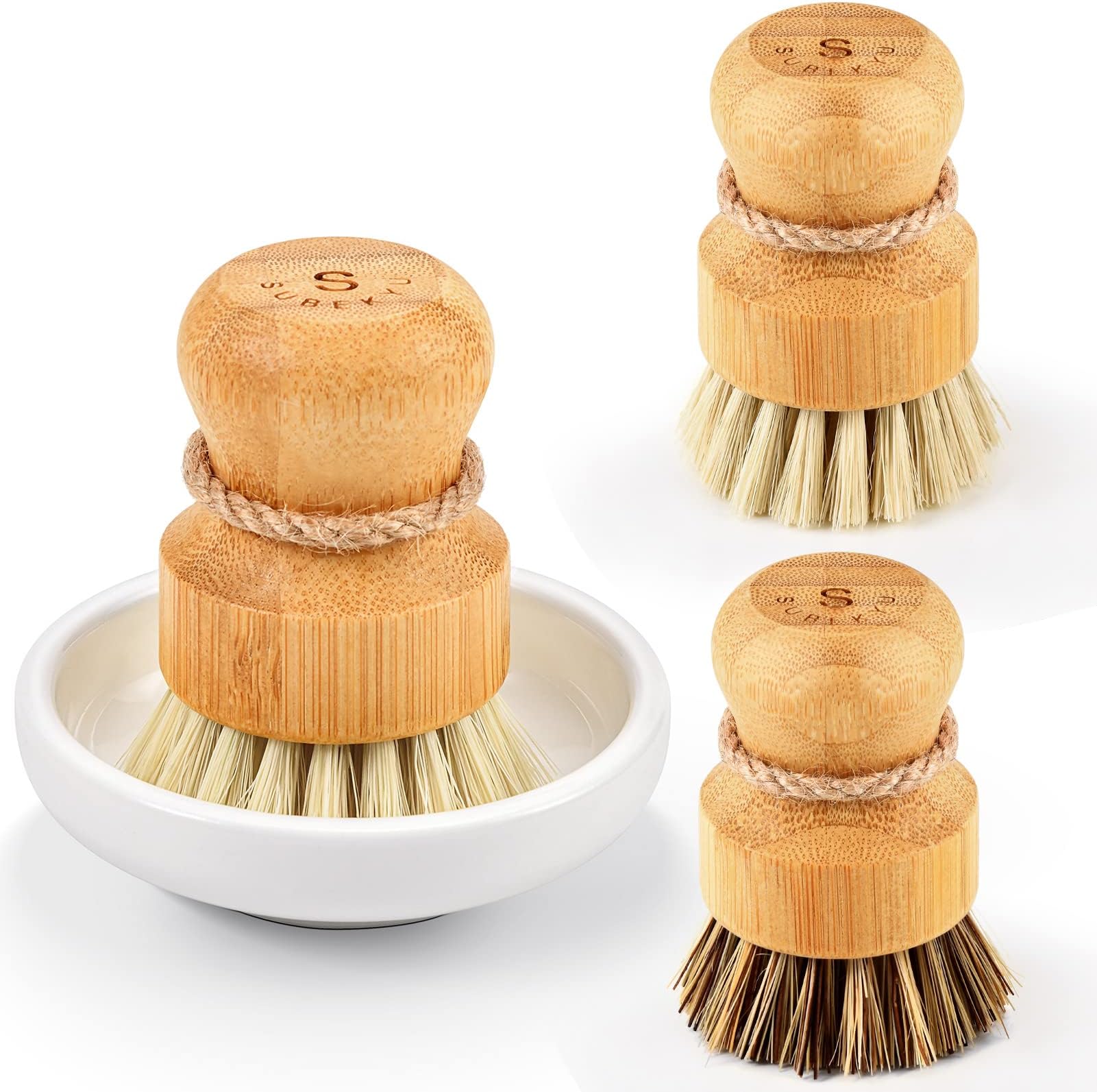 Bamboo Dish Scrub Brushes, Kitchen Wooden Cleaning Scrubbers Set for Washing Cast Iron Pans/Pots, Set of 3