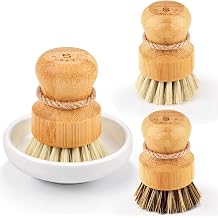 SUBEKYU Bamboo Dish Scrub Brushes, Kitchen Wooden Cleaning Scrubbers Set for Washing Cast Iron Pans/Pots, Set of 3