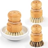 SUBEKYU Bamboo Dish Scrub Brushes, Kitchen Wooden Cleaning Scrubbers Set for Washing Cast Iron Pans/Pots, Set of 3