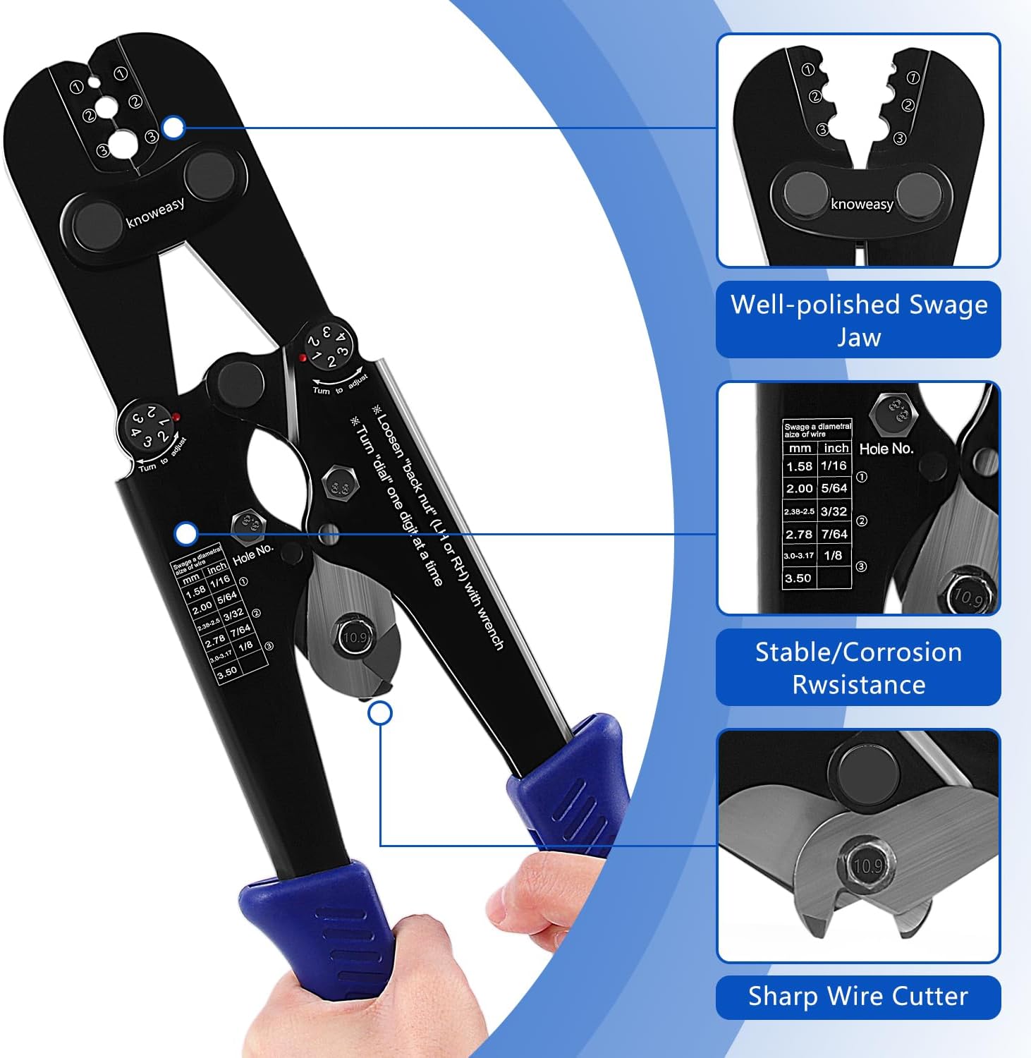 Knoweasy 2-in-1 Wire Rope Crimping and Cutting Tool, for 1/16-Inch to 1/8-Inch Cables, with 100pcs Aluminum Loop Sleeves and 50pcs M3 Thimbles - Comprehensive Rigging Solution