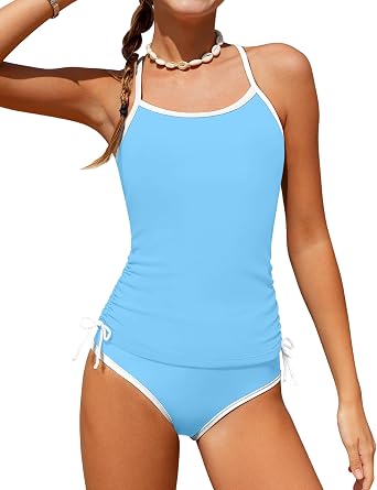 Girls Swimsuit Two Piece Cross-Back Straps Girls Tankini Contrast Trim Drawstring Girl Bathing Suit for Teens 9-16Y