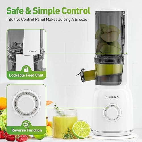 Miniatura 4 de Secura Exprimidor lento con punta de acero inoxidable en espiral y filtro sin malla, exprimidor de prensa en frío, máquinas exprimidoras con motor