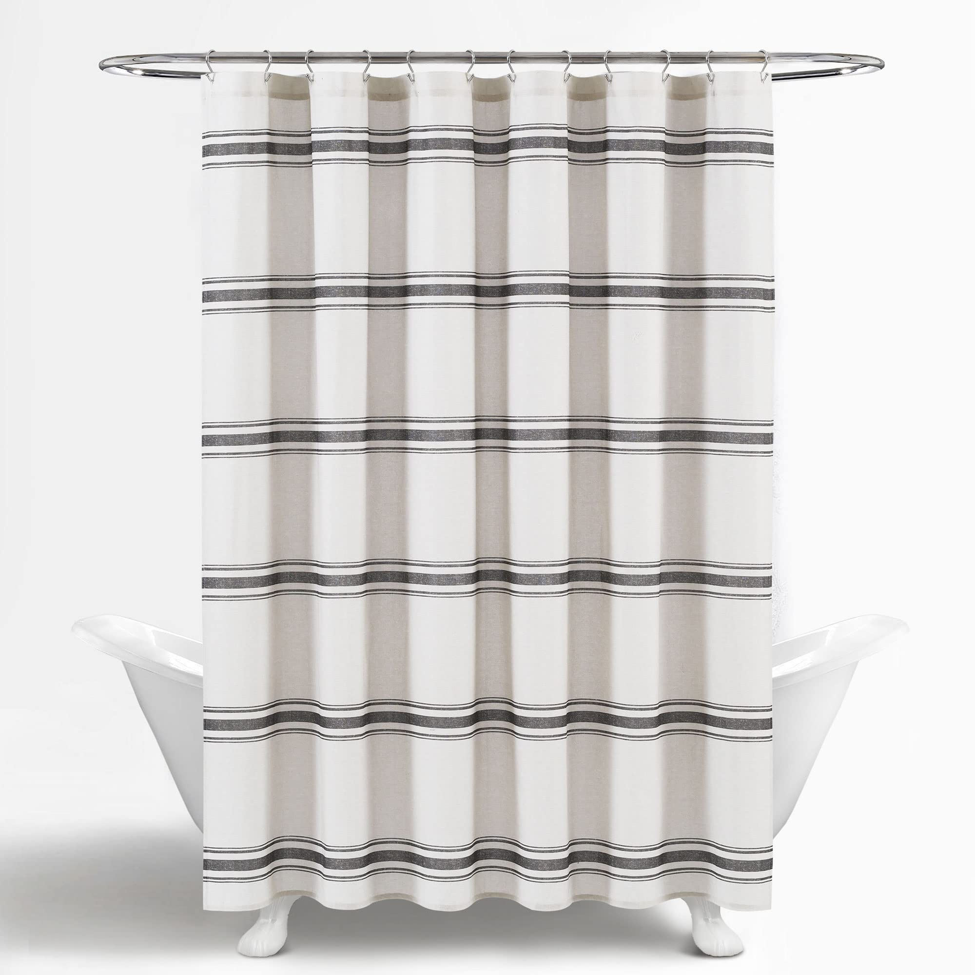 Lush Decor Tenda Da Doccia In Cotone A Righe Grigie E Gialle - 180x180 Cm - Stile Fattoria Moderno Con 12 Fori, Lavabile