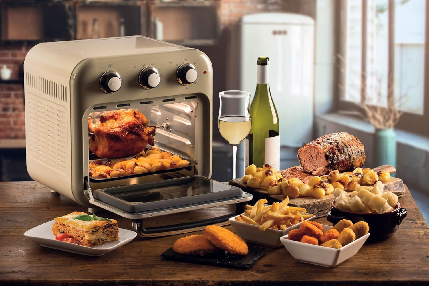 Ariete Vintage, 4632 Friteuse et Four 2en1, Capacité 16 L, Paniers et Rôtisserie en acier inoxydable, Température jusqu'à 230°, Minuterie 60 minutes, Double Verre, 1400W, Beige